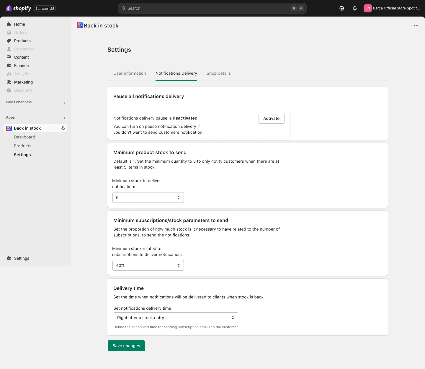 Settings Notifications delivery